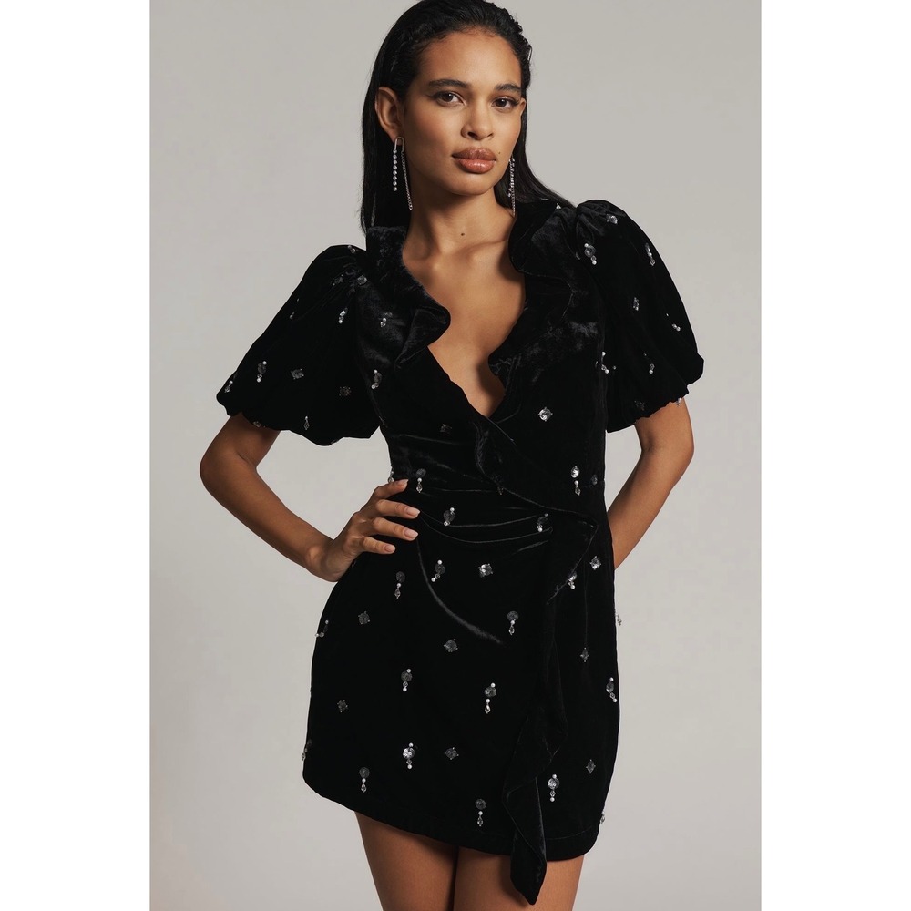 NWT Maeve Anthropologie Black Velvet Embellished Mini Dress Size 2 Sequin Pearl